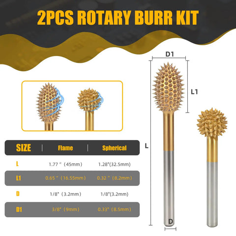 Heavy Duty Titanium Coated Rotary Burr Set Two Piece Coarse Carbide Wood Carving Kit sizes with flame and spherical tips.