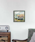 Truck Wall Art Framed 12 Inch By 12 Inch Vintage Blue Pickup Wood Painting Rustic Barn Landscape With Cozy Country Flowers For Bedroom