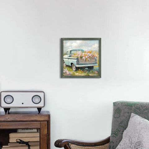 Truck Wall Art Framed 12 Inch By 12 Inch Vintage Blue Pickup Wood Painting Rustic Barn Landscape With Cozy Country Flowers For Bedroom