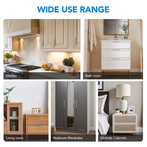 Collage showing Brushed Nickel And Brushed Brass Cabinet Knobs And Handles on kitchen, bathroom, living room, wardrobe, and bedside cabinets.
