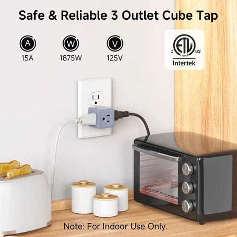ETL Listed 3 Pack 3 Outlet Wall Adapter Cube Tap Grounded 3 Way Plug Splitter With 90 Degree Design in kitchen setting