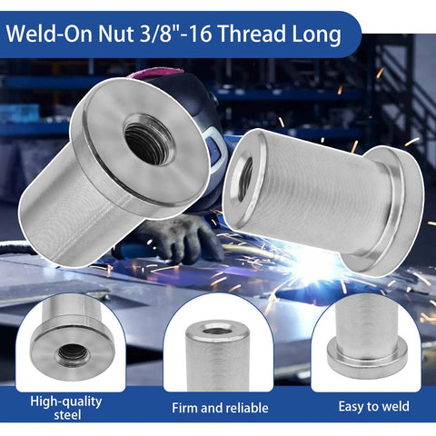 Four Pack Heavy Duty Steel Chassis Weld On Nuts Featuring 3/8 Inch 16 Threads And Generous Flange Base for easy vehicle frame mounting.