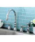 Templeton Widespread Kitchen Faucet With A Slick Polished Chrome Finish with brass sprayer and four hole install in a modern kitchen.