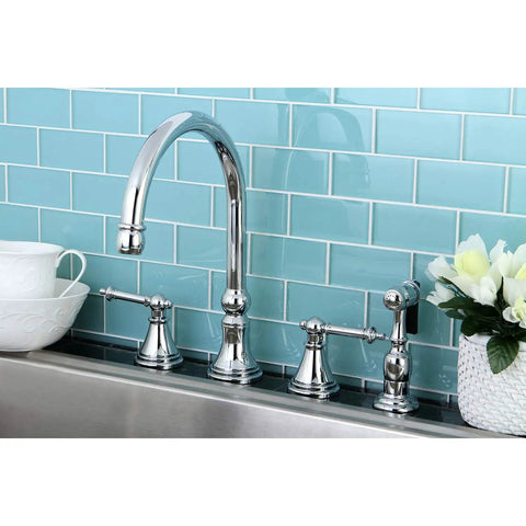 Templeton Widespread Kitchen Faucet With A Slick Polished Chrome Finish with brass sprayer and four hole install in a modern kitchen.