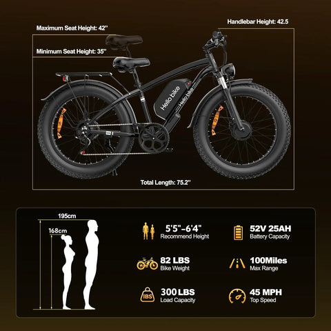 Dual Motor Electric Bike For Adults With 5000W Peak Power And 45 MPH Top Speed, showing dimensions and specifications