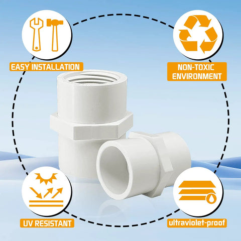 Ten Pack White PVC Pipe Fittings Three Quarter Inch NPT Female Thread Adapter Socket To Female PVC Schedule 40 Couplings