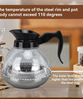 Universal Coffee Pot Replacement Carafe With Tight Fit Spout And Black Grip For Commercial And Home Use No Fuss Spill Proof Wide Compatibility With Coffee Machines And Stoves Durable Decanter. Displaying clear glass design with black handle in kitchen setting.