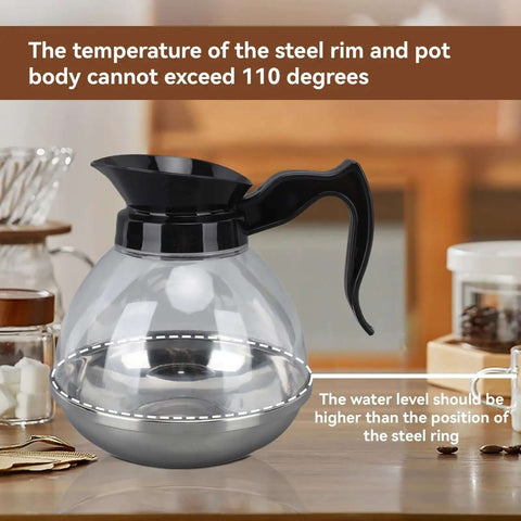 Universal Coffee Pot Replacement Carafe With Tight Fit Spout And Black Grip For Commercial And Home Use No Fuss Spill Proof Wide Compatibility With Coffee Machines And Stoves Durable Decanter. Displaying clear glass design with black handle in kitchen setting.