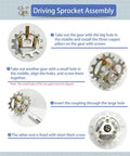 Driving sprocket assembly guide for Adjustable Robot Tank Track Kit With Drive Gears And Pin Removal Tool, includes step-by-step images.