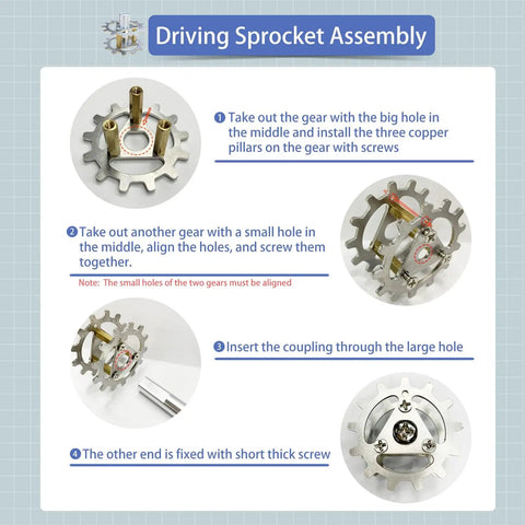 Driving sprocket assembly guide for Adjustable Robot Tank Track Kit With Drive Gears And Pin Removal Tool, includes step-by-step images.