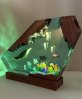 Blue Whale Resin Lamp With Wood Base RGB Ocean Nightstand Light featuring ocean scene with jellyfish and fish for coastal decor.