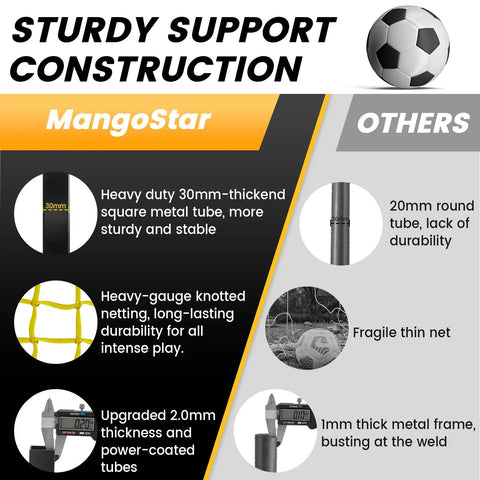 Comparison of heavy-duty 30mm thick metal tube and knotted netting for 12x6 Ft Portable Soccer Goal For Backyard Use