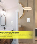 One To Sixty Minute Countdown Light Switch With Adjustable LED Brightness For Bathroom Fans And Heaters, 120VAC Neutral Required, ETL And FCC Listed, White, Easy Install in modern bathroom and hallway settings.