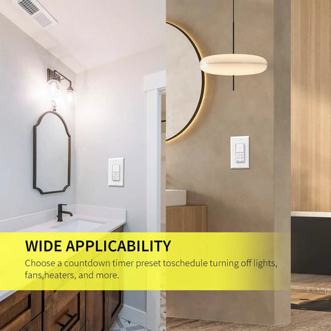 One To Sixty Minute Countdown Light Switch With Adjustable LED Brightness For Bathroom Fans And Heaters, 120VAC Neutral Required, ETL And FCC Listed, White, Easy Install in modern bathroom and hallway settings.
