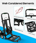 Heavy Duty Stair Climbing Cart For Easy Moving, Portable Hand Truck Dolly That Throws Back 330 Lbs, Built Tough With Front Wheels, Six Rear Wheels And Spare Tires, Your Go-To Stair Hauler For Bulky Loads. Folded black steel cart with spare wheels and rope.