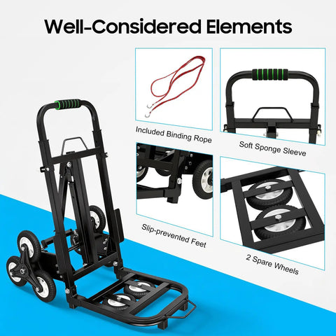 Heavy Duty Stair Climbing Cart For Easy Moving, Portable Hand Truck Dolly That Throws Back 330 Lbs, Built Tough With Front Wheels, Six Rear Wheels And Spare Tires, Your Go-To Stair Hauler For Bulky Loads. Folded black steel cart with spare wheels and rope.