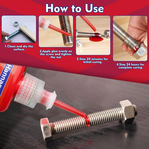 Application process of red thread locker for metal fasteners, showing adhesive sealing threads to prevent loosening and leaks.