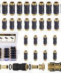 DOT Go-To Air Line Fittings Set With Quick Connect And Push Lock, 30 Piece Brass And Plastic Straight Unions displayed in set