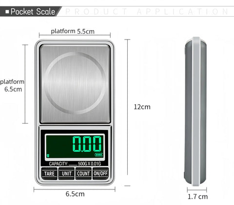Pocket Scale Digital Jewelry Scale 500g 0.01g Accuracy USB Rechargeable, image showing front and side view with dimensions