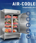 Heavy Duty Workhorse 54 Inch Commercial Freezer Offering 49 Cu Ft Capacity With Double Solid Door and Bulletproof Stainless Steel Build, filled with seafood and meats.