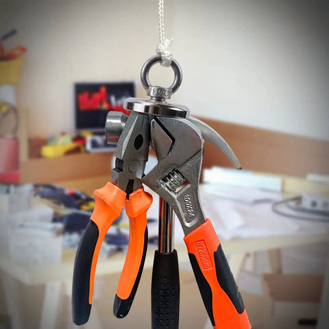Powerful 150 Lb Neodymium Magnetic Lifting Set, Heavy Duty Salvage Magnets For Removing And Retrieving, tools attached