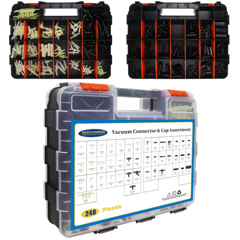Busy-Corner vacuum connector and cap assortment kit in a clear case; 248-piece set with white and black fittings