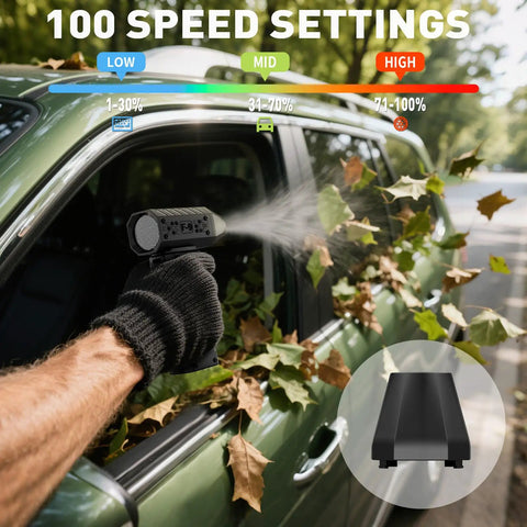 Cordless Electric Air Duster Turbo 110,000 RPM Portable Mini Blower cleaning car leaves with 100 adjustable speeds.