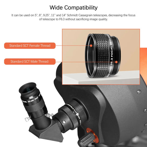 Focal Reducer F6.3 For SCT Telescopes, 37 Percent Focal Length Reduction, shown on telescope with SCT threads