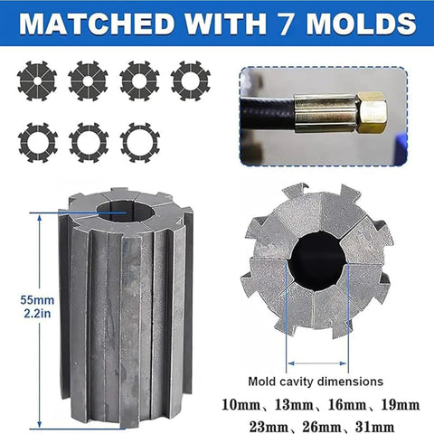 Badass Hydraulic Hose Crimping Machine With Magnetic Quick Swap Molds And Hella Durable Alloy Steel Frame That Knocks Out Every Job Smooth For Mechanics And DIY Crews Today with 7 sizes of magnetic molds.