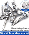 Top Shelf 410 Stainless Steel Self Drilling Tek Screws, Heavy Ball Hex Washer Head Assortment Kit, showcases stainless screws with hex heads.