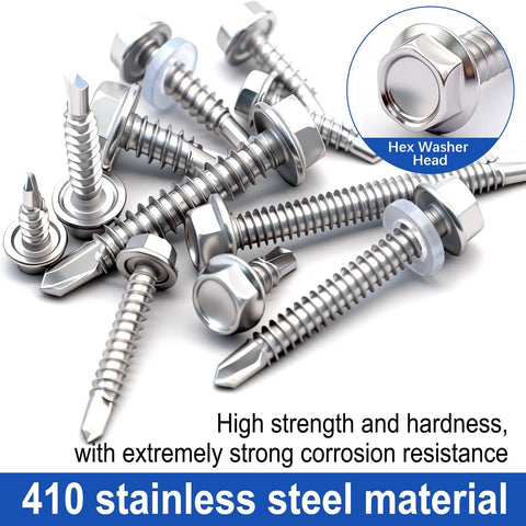 Top Shelf 410 Stainless Steel Self Drilling Tek Screws, Heavy Ball Hex Washer Head Assortment Kit, showcases stainless screws with hex heads.