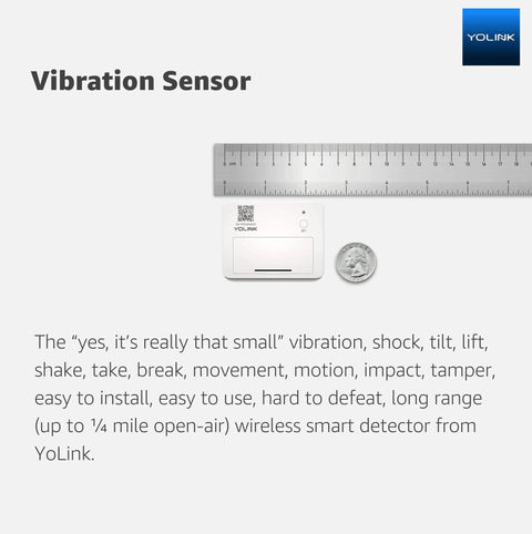 LoRa Smart Vibration Sensor With Shock And Glass Break Detection, Tamper Alarm, Motion And Generator Running Alerts, No Monthly Fee Self Monitoring, Email SMS And Push Notifications, One Quarter Mile Open Air Range, Alexa Compatible, Hub Not Included, shown with ruler and coin