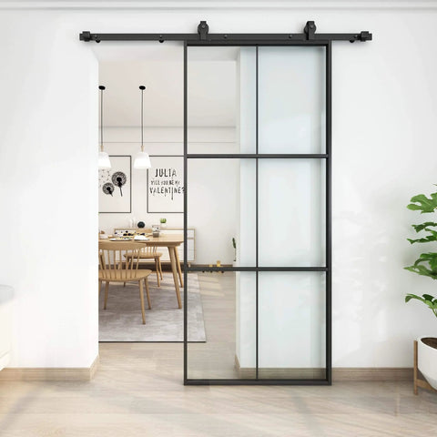 6 Foot Heavy Duty Black Top Mounted Barn Door Hardware Kit For 36 Inch Aluminum Framed Glass Door Or Wooden Barn Door With Carbon Steel Track And Nylon Wheels In Matte Black Finish Built To Last Rock Solid installed in modern interior
