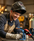 Heavy Duty Magnetic Welding Torch Holder That Pops Securely On Steel Tables With Vibration Free Stability And Drag Proof Grip For Pro Level Precision Work Anytime with a smiling welder at a workbench.