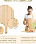 12 inch oak pizza peel being used as a cutting board with a woman chopping vegetables, showcasing the peel's durability and utility.