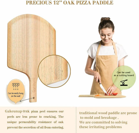 12 inch oak pizza peel being used as a cutting board with a woman chopping vegetables, showcasing the peel's durability and utility.