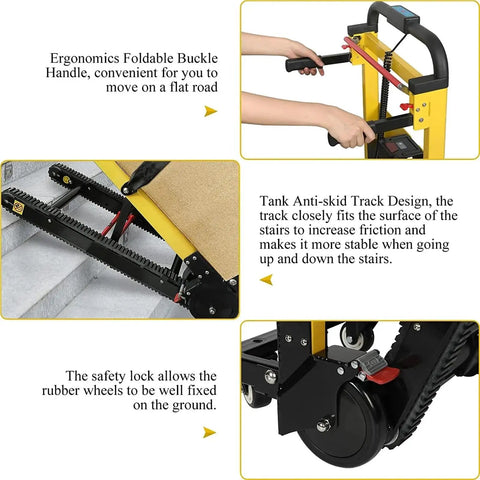 Heavy Duty Electric Stair Climber Hand Truck That Crushes 441 Lbs Loads With Ease, features foldable handle and anti-skid track.