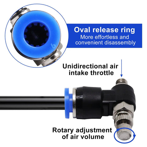 Detailed view of Compact Quick Connect Air Hose Fittings Set 5 Pack 6mm Tube to M5 Male Thread Push In Connectors with air flow valve