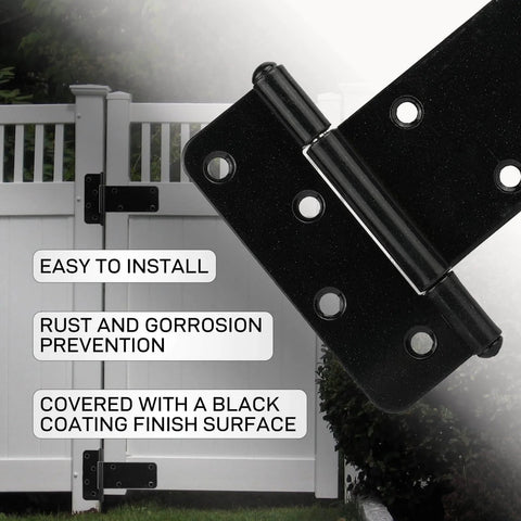5 Inch Heavy Duty Gate Hinges 260 Lbs Capacity Black 4 Pack for wooden fences and barn doors, shown on a white gate with screws