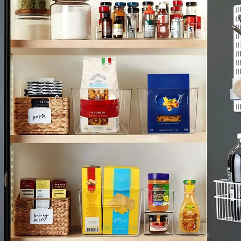 Set Of 8 Clear Stackable Plastic Storage Bins With Four Large And Four Small Containers For Pantry Kitchen Refrigerator Cabinet Organization straight set of stackable bins in pantry.