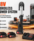 Heavy Duty 60KN Brushless Cordless Pipe Crimping Tool With 18V Battery Hydraulic Press Kit For Copper Tubing Includes Six Jaws showing dual batteries and charger.