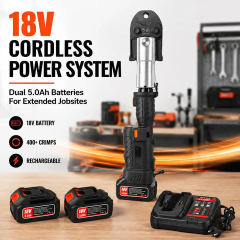 Heavy Duty 60KN Brushless Cordless Pipe Crimping Tool With 18V Battery Hydraulic Press Kit For Copper Tubing Includes Six Jaws showing dual batteries and charger.