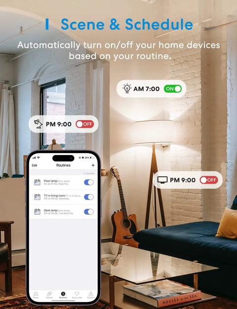 Smart home app interface for Totally Smart Power Strip With Four Outlets And Four USB Ports For HomeKit Siri Alexa Google Home And SmartThings WiFi Surge Protector displayed on phone in living room.