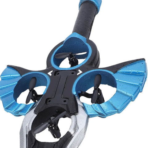 Close-up of Rad Stunt Flying Sword RC Glider with Gesture Control, featuring blue EVA foam wings and propellers.