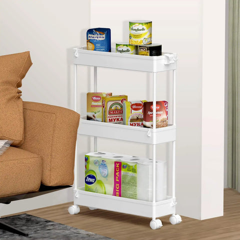 Compact 3 Tier Storage Cart With Rolling Utility Wheels, slim white shelving unit holding pantry items in a narrow space