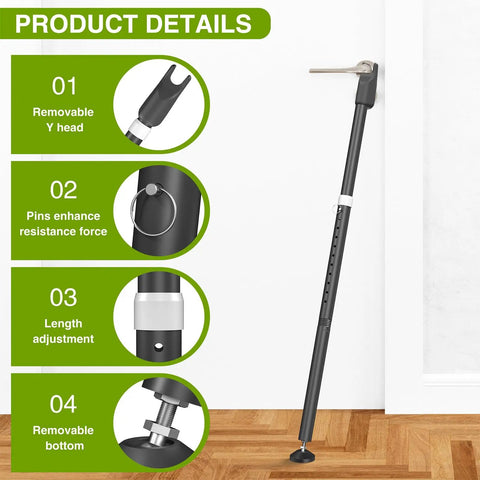 Secure Your Joint With This Badass Adjustable Sliding Glass Door Security Bar, Heavy Duty Patio Door Barricade And Door Jammer For Apartments, Two In One Design Works For Hinged And Sliding Doors, Easy Install Black Safety Guard with adjustable Y head and detailed features.