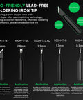 Eco-friendly lead-free soldering iron tips with various sizes and applications, suitable for the Pro Grade 60W Soldering Station Kit.