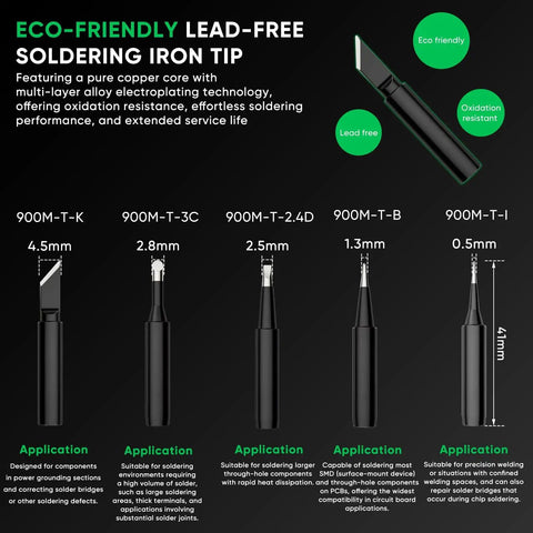Eco-friendly lead-free soldering iron tips with various sizes and applications, suitable for the Pro Grade 60W Soldering Station Kit.