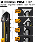 3 In 1 Handy Utility Scraper Tool With Retractable Knife 90 Degree Rotating Head Four Locking Positions Includes 10 Replacement Blades Built For Quick Paint Removal Label Residue Putty And Adhesive Cleanup, shown with 4 locking positions