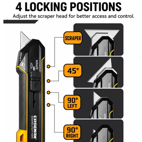 3 In 1 Handy Utility Scraper Tool With Retractable Knife 90 Degree Rotating Head Four Locking Positions Includes 10 Replacement Blades Built For Quick Paint Removal Label Residue Putty And Adhesive Cleanup, shown with 4 locking positions
